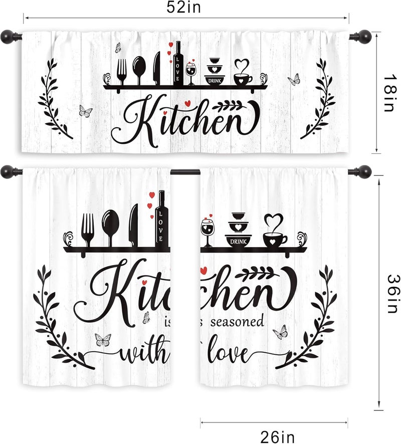 Riyidecor Black White Rustic Kitchen Curtains and Valances 3 Piece Set Rod Pocket 36 Inch Short Fork Spoon Wine Herbs Farmhouse Country Wooden Board Butterfly Bedroom Living Room Treatment Fabric - Image 2